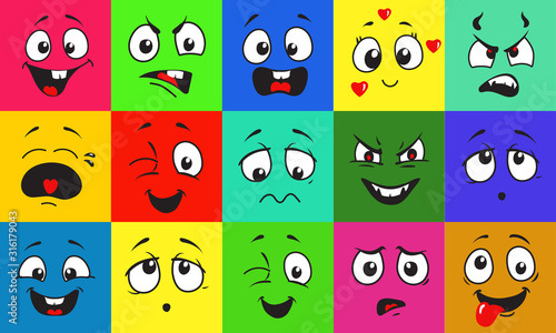 Funny cartoon faces with emotions on bright colored background. Facial doodle avatar expressions vector illustrations set