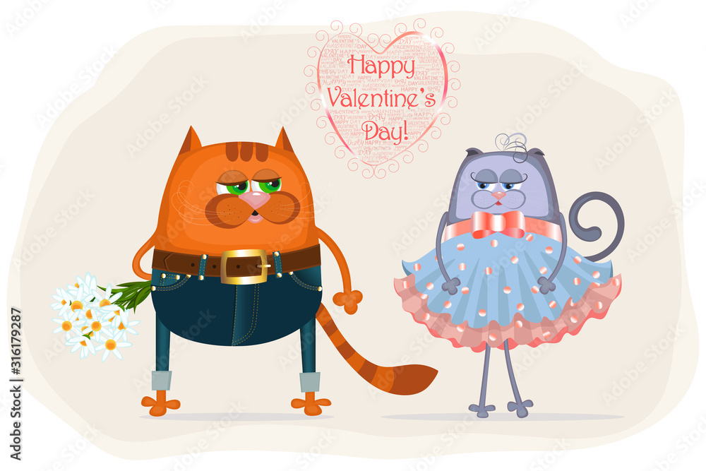Vector Illustration Card Of Cute Vintage Cartoon Cats Characters Boyfriend  Cat Is Giving Flowers His Girlfriend Cat On Valentine's Day Isolated On  White Background Stock Vector | Adobe Stock