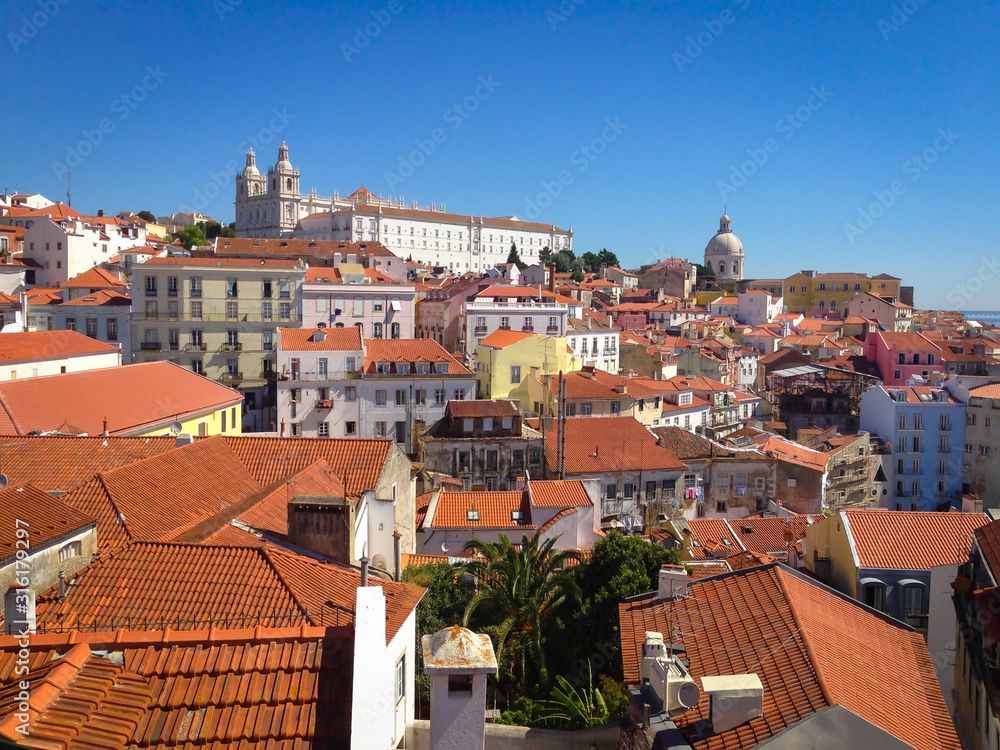 Panoramic view of Lisbon from the terrace from the Portas Do Sol viewpoint in the Alfama district in Lisbon, Portugal