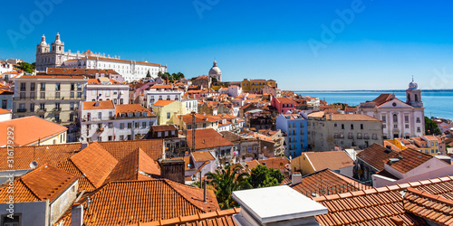 Panoramic view of Lisbon from the terrace from the Portas Do Sol viewpoint in the Alfama district in Lisbon, Portugal