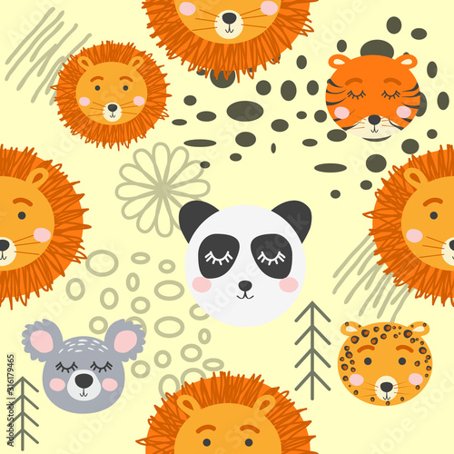 Seamless childish pattern with cute animal faces. Creative nursery background