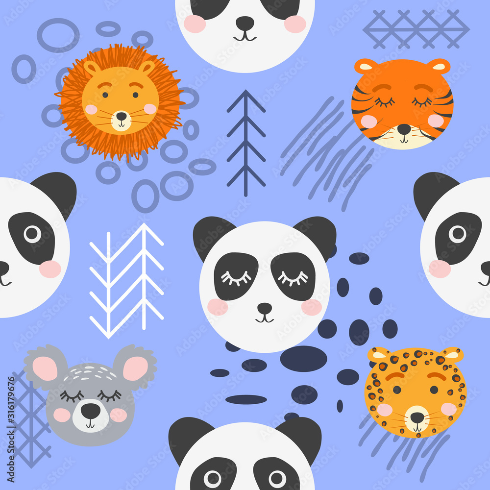 Seamless childish pattern with cute animal faces. Creative nursery background Seamless childish pattern with cute animal faces. Creative nursery background