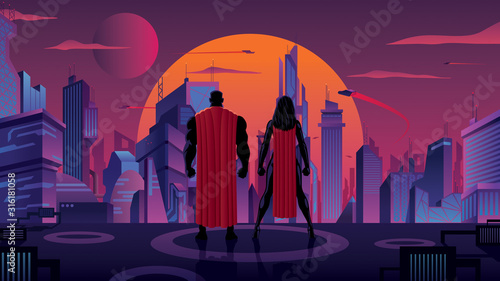 Superhero Couple in Futuristic City