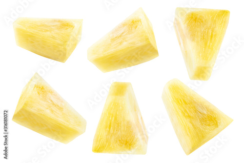 Pineapple sliced . Canned pineapple chunks isolated. .Set of pineapple chunks on white isolated. Clipping path..