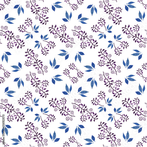 A seamless watercolor pattern with purple leaves and branches. Isolated on white. Design for card, poster or wallpaper.