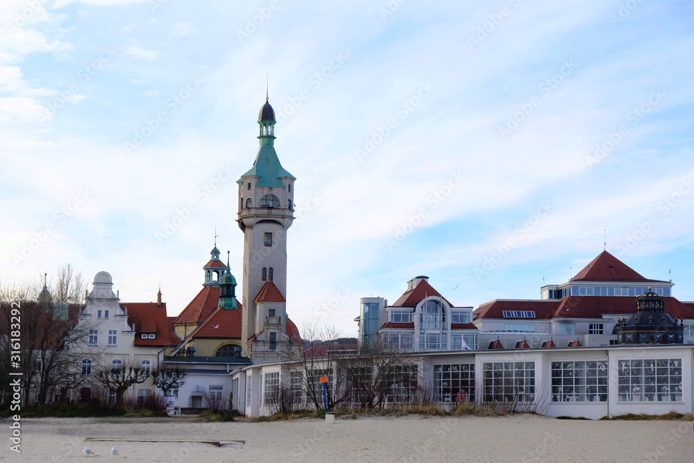 Panorama of Sopot from the beach with a characteristic lighthouse tower. Sopot is a well-known resort on the Baltic Sea. Poland