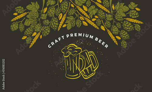 Vector card. Beer. Twig of hop, malt, wheat grain