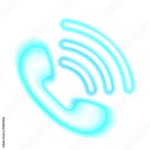 Neon Phone, blue handset icon . Pictogram illustration. Fluorescent design isolated on white background. Luminescent illumination, sign. Telephone call center, support Web, app Ui