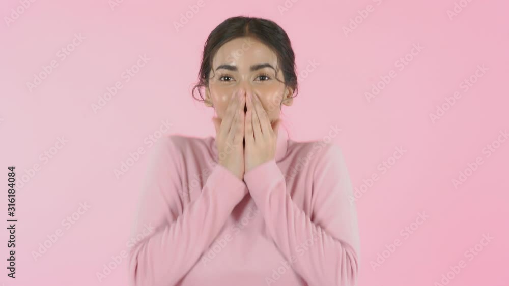 Surprise eyes closed girl face Wow woman emotion on pink background Surprise eyes closed girl face Wow woman emotion on pink background