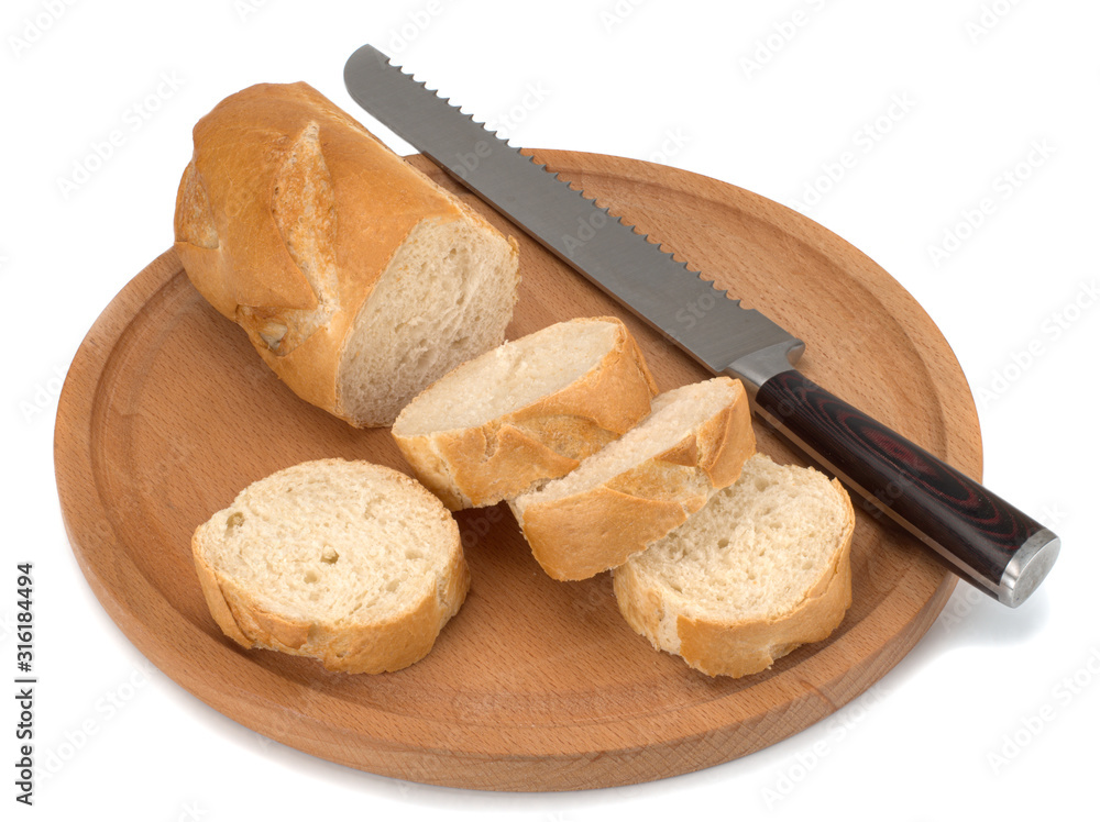freshly baked bread on wooden cutting board isolated on white background, top view freshly baked bread on wooden cutting board isolated on white background, top view