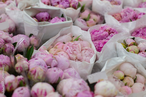 Pink peonies in bundles. Wholesale floristic base  shop with flowers for Valentine s Day on February 14 or International Women s Day on March 8.