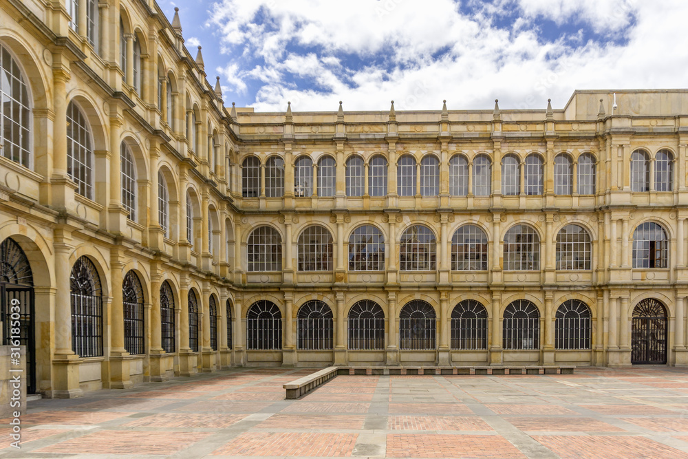 Main facade of National College of St. Bartholomew—the oldest Colombian school in Bogota, Colombia.