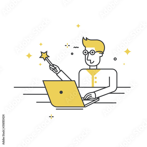 Programmer sitting at a laptop with the magic wand - Vector flat style character - programmer wizard.