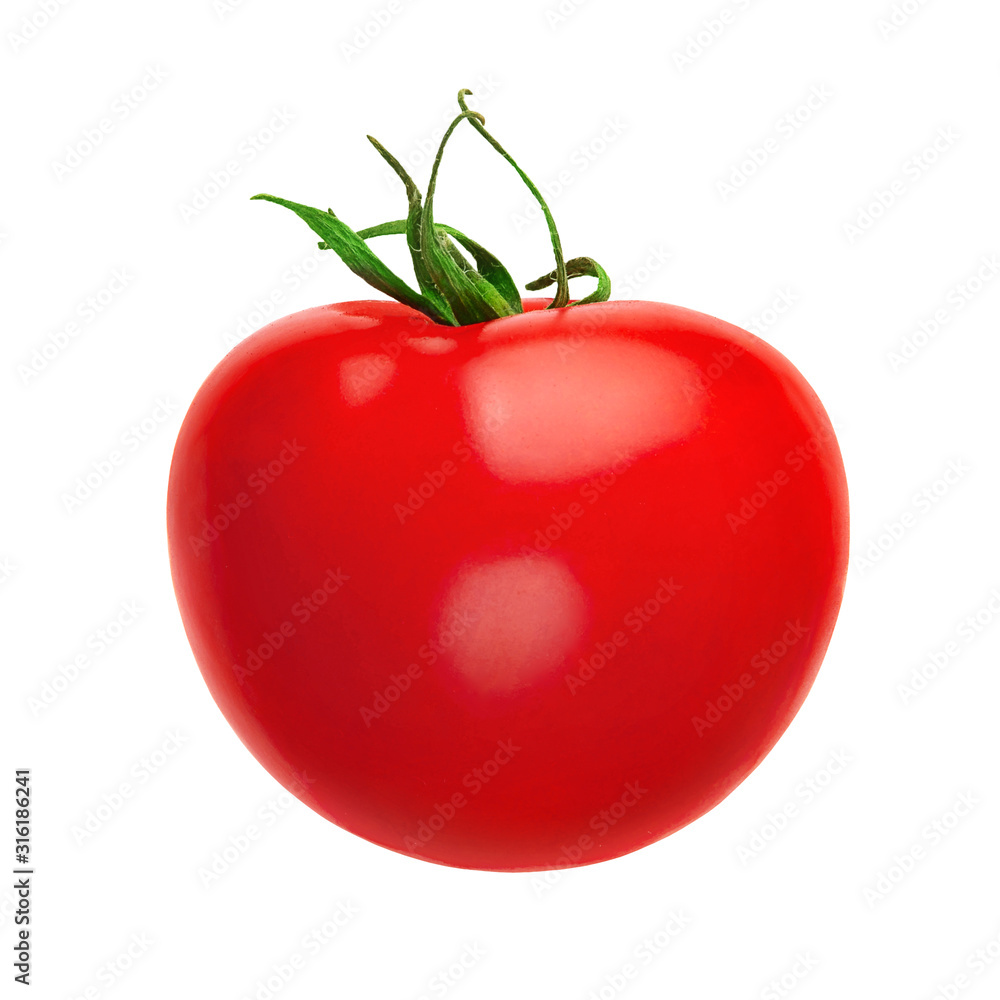 Tomato. Close-up one red ripe tomato isolated on a white background. Tomato. Close-up one red ripe tomato isolated on a white background.