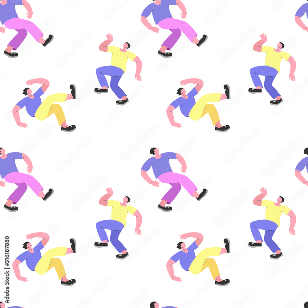 Seamless pattern of dancing men in different poses on white background. Trendy colorful flat and line mixed illustration. Design for wallpaper, flyer, wrapping, party, festival, banner, textile