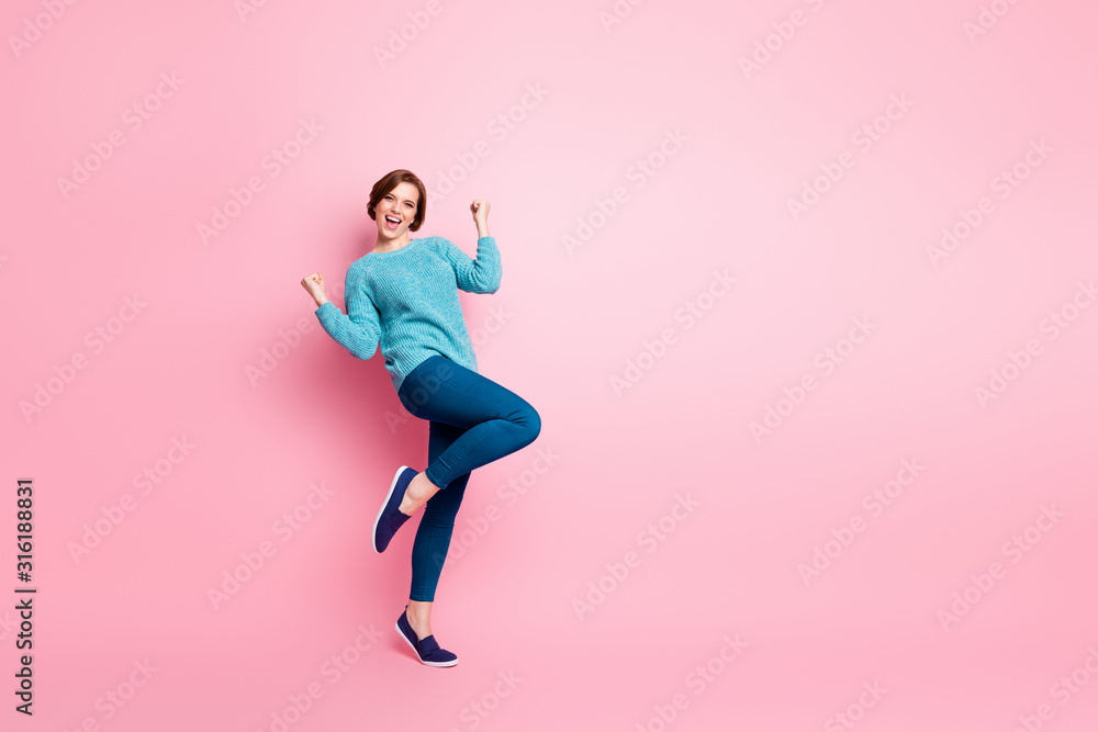 Full length body size view of her she nice attractive pretty lovely glad cheerful cheery brown-haired girl celebrating having fun isolated over pink pastel color background - obrazy, fototapety, plakaty 
