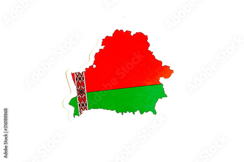 National flag of Belarus. Country outline on white background with copy space. Politics illustration