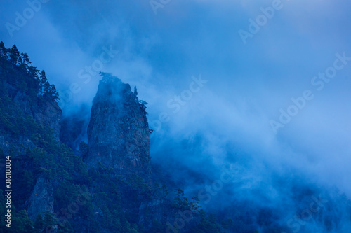 Roques, Fog and Canary Island pine forest, La Cumbrecita, Caldera de Taburiente National Park, Island of La Palma, Canary Islands, Spain, Europe © JUAN CARLOS MUNOZ