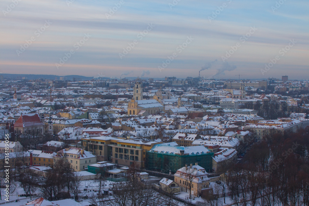 High view of the historic districts of Vilnius in winter. Lithuania
