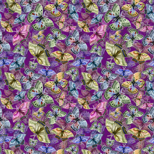 Beautiful colorful tropical butterflies on purple background. Seamless pattern. Watercolor painting. Hand drawn and painted illustration.