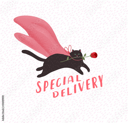 Special delivery. Cute cats in love. Romantic Valentines Day greeting card or poster. Hero Kitten fly with rose in mouth. Flyers, invitation, brochure. Vector design concept