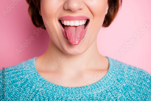 Fototapeta Cropped close-up view portrait of her she nice attractive crazy cheerful cheery