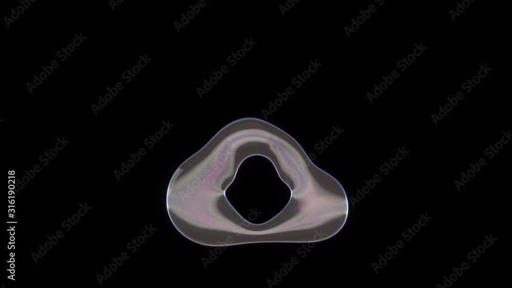 3D rendering of distorted transparent soap bubble in shape of symbol of cloud download isolated on black background
