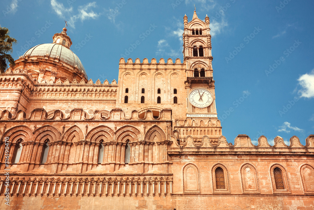 Clock tower of the 18th century catholic Palermo Cathedral, Sicily. UNESCO World Heritage Site