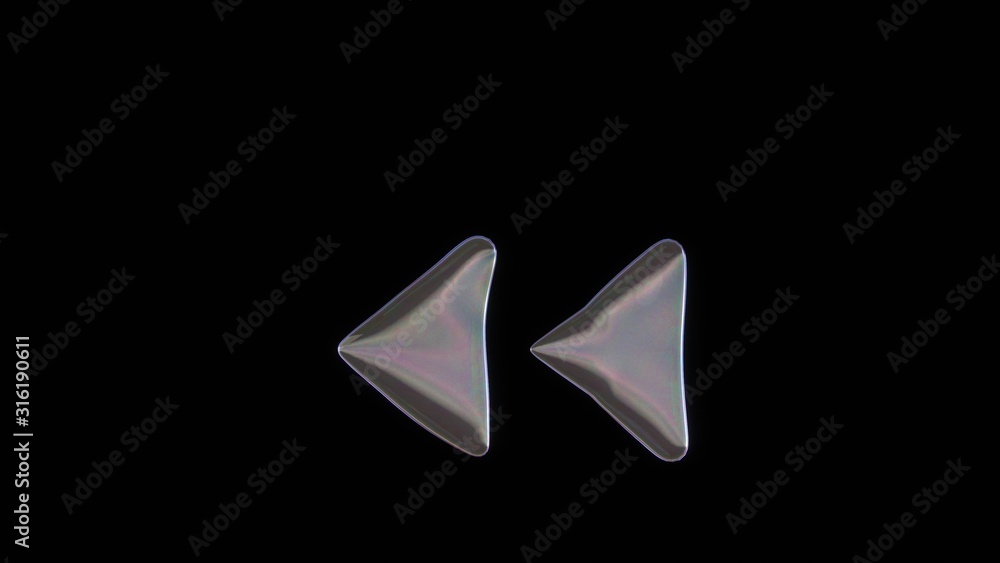3D rendering of distorted transparent soap bubble in shape of symbol of double left arrows isolated on black background 3D rendering of distorted transparent soap bubble in shape of symbol of double left arrows isolated on black background