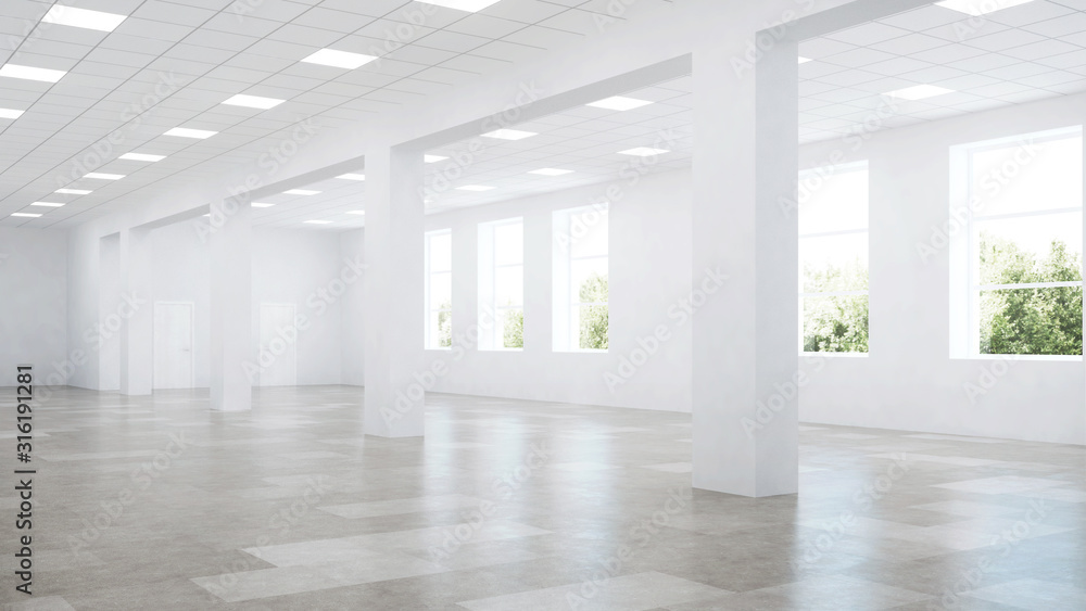 Fototapeta premium Interior of an empty commercial building with white walls. Office space. 3D rendering.