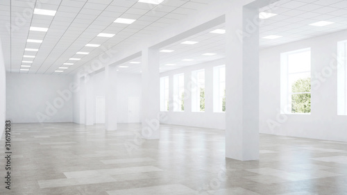 Interior of an empty commercial building with white walls. Office space. 3D rendering.