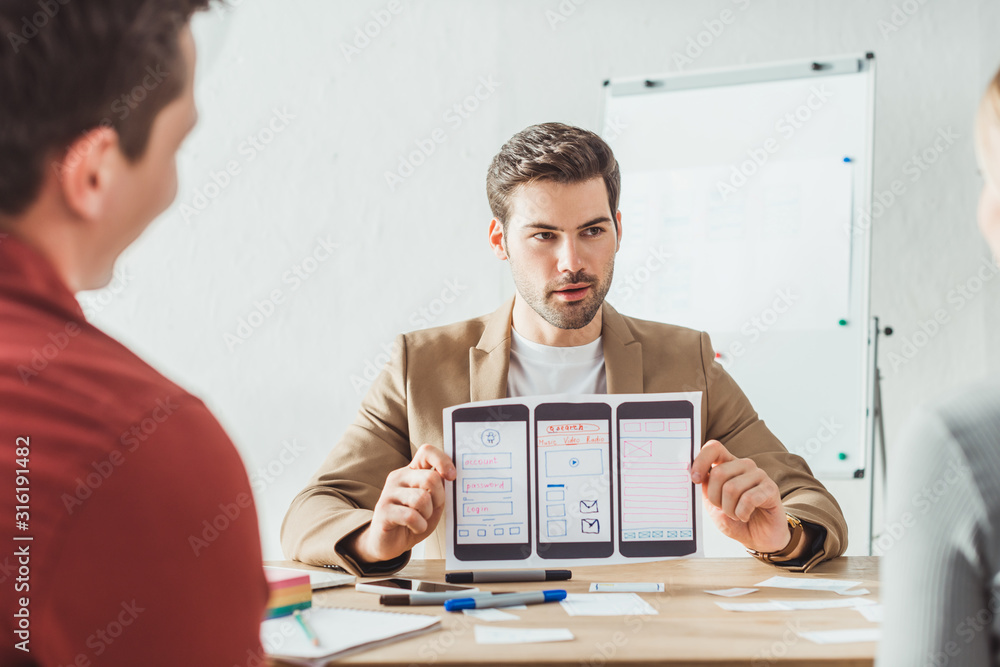 Selective focus of designer showing layout of mobile web prototype to colleagues in office Selective focus of designer showing layout of mobile web prototype to colleagues in office