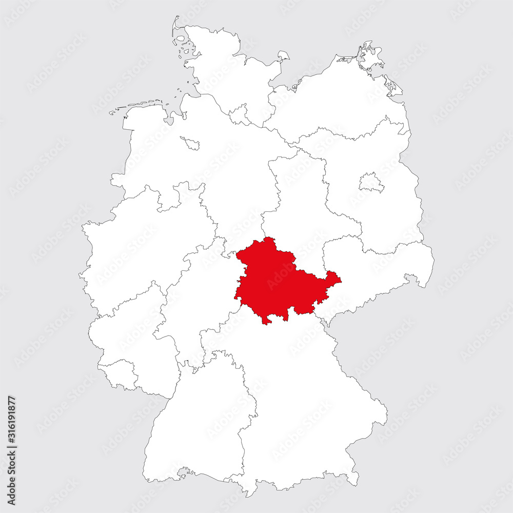 Thuringia province highlighted germany map. Gray background. German political map.