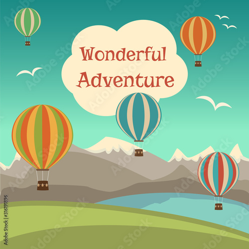 Hot air balloons in the sky with snowy mountains, clouds and blue lake. Mountain landscape. Vector illustration, vintage poster