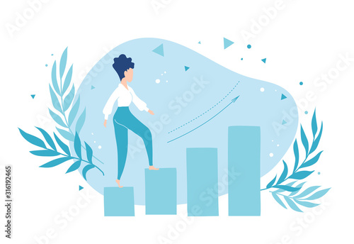Business woman climbing the career ladder. She purposefully goes to her goal.