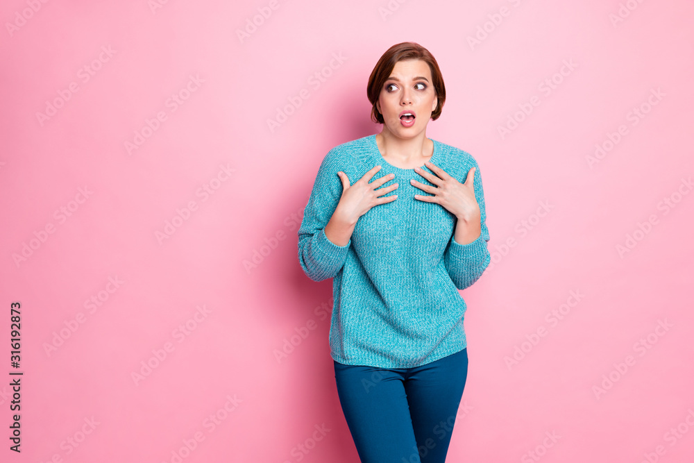 Portrait of her she nice attractive lovely worried scared brown-haired woman looking aside thinking about danger isolated over pink pastel color background Portrait of her she nice attractive lovely worried scared brown-haired woman looking aside thinking about danger isolated over pink pastel color background