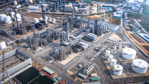 Top view oil refinery industry zone, Industrial manufacturing petrochemical, Refinery plant in the daytime.