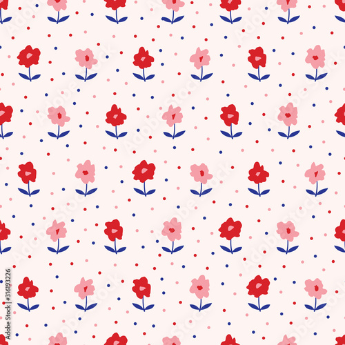 Pink and Red Ditsy Hand-Drawn Daisies Blooms with Purple Stems and Dots Background Vector Seamless Pattern