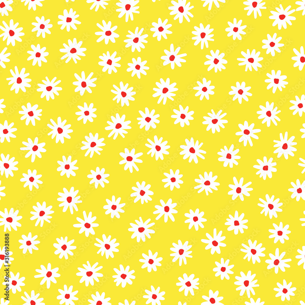 White abstract naive hand-drawn daisy flowers on yellow background vector seamless pattern White abstract naive hand-drawn daisy flowers on yellow background vector seamless pattern