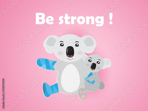 Illustration of koala bear and her baby from forest fire in Australia.