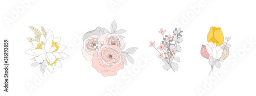 Set of bouquet flowers elements isolate on white background
