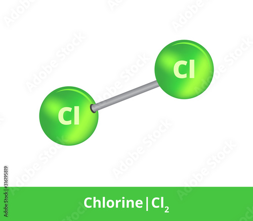 Vector ball-and-stick model of chemical substance. Green icon of chlorine molecule Cl2 with one single bond. Structural formula of chlorine halogen is isolated on a white backgroud.