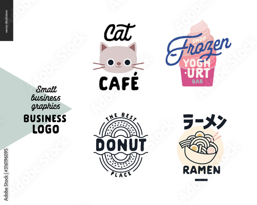 Logo - small business graphics - cafe and restaurants. Modern flat vector concept illustrations - logotypes of cat cafe, frozen yoghurt bar, donut place and ramen house