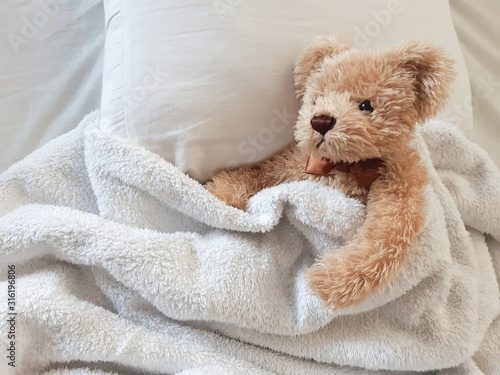 teddy bear in bed
