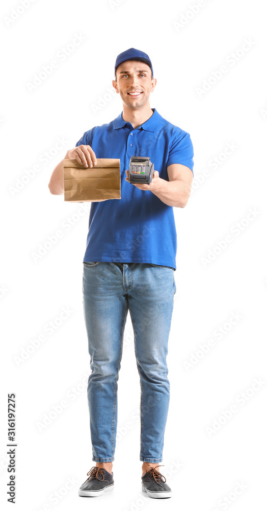 Delivery man with payment terminal and bag on white background Delivery man with payment terminal and bag on white background