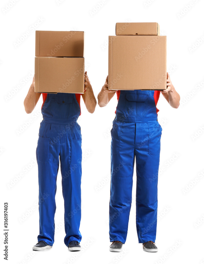 Delivery men with boxes on white background Delivery men with boxes on white background