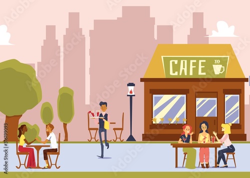 Street cafe with outdoor seating - cartoon waiter serving drinks to women