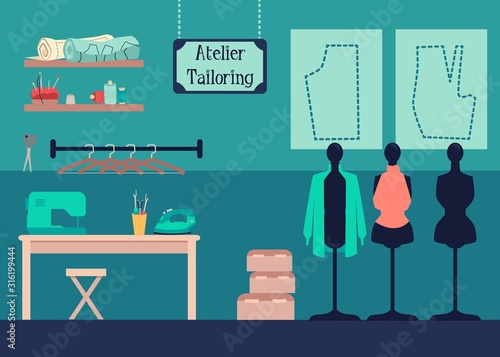 Atelier tailoring design studio interior with sewing equipment and dummy mannequins