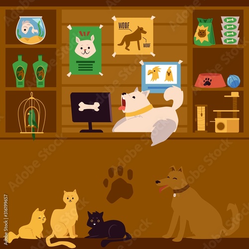 Pet shop interior with cartoon animals as sellers. Cute dog lying on register
