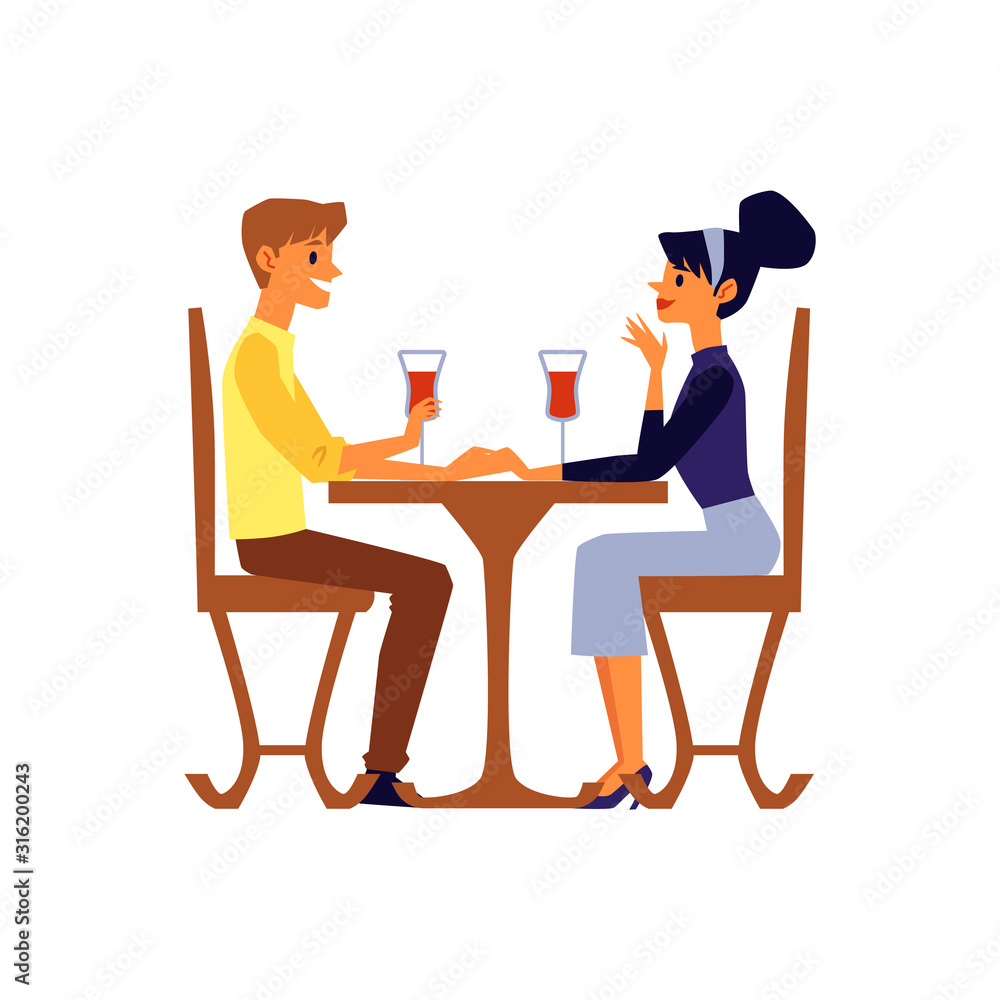 Cartoon couple talking and drinking wine sitting at restaurant table